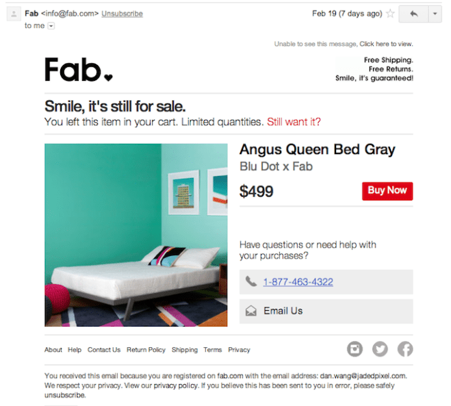 Fab Cart abandonment email campaign examples