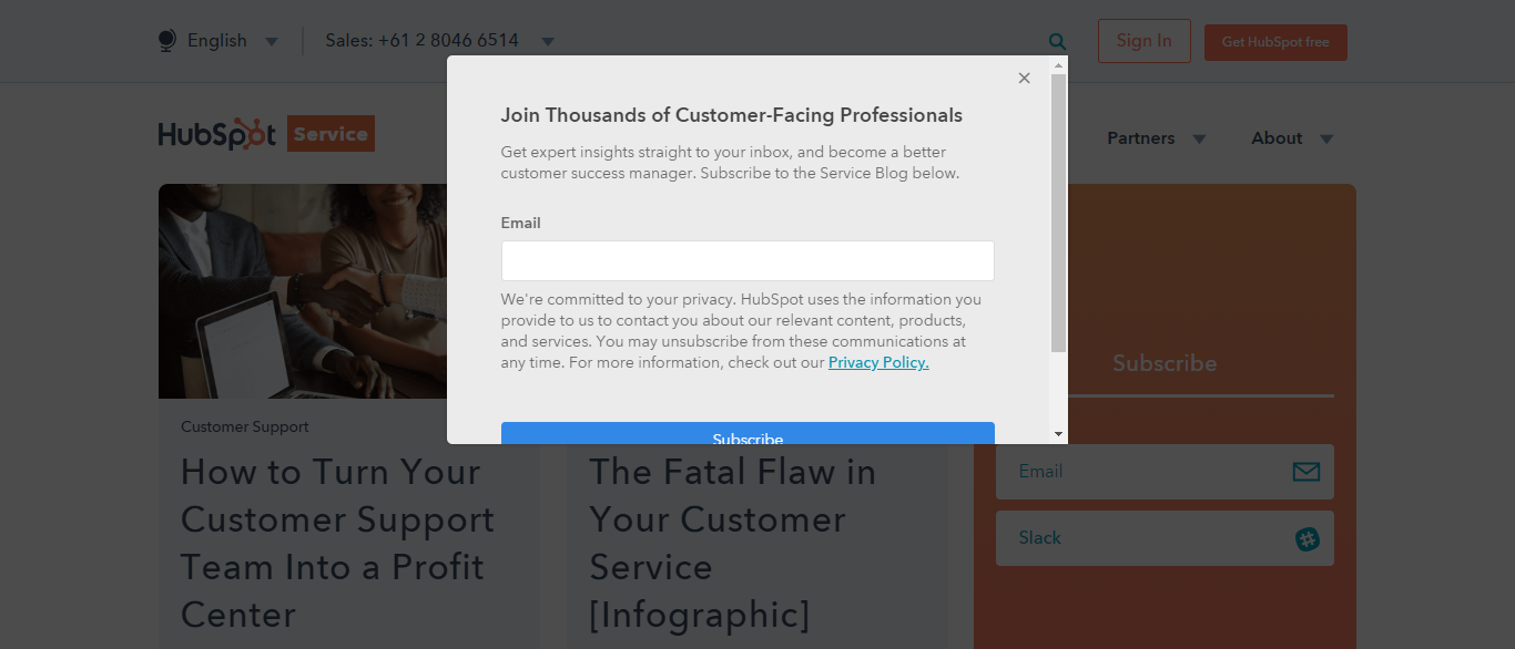 HubSpot Service Blog Exit Popup