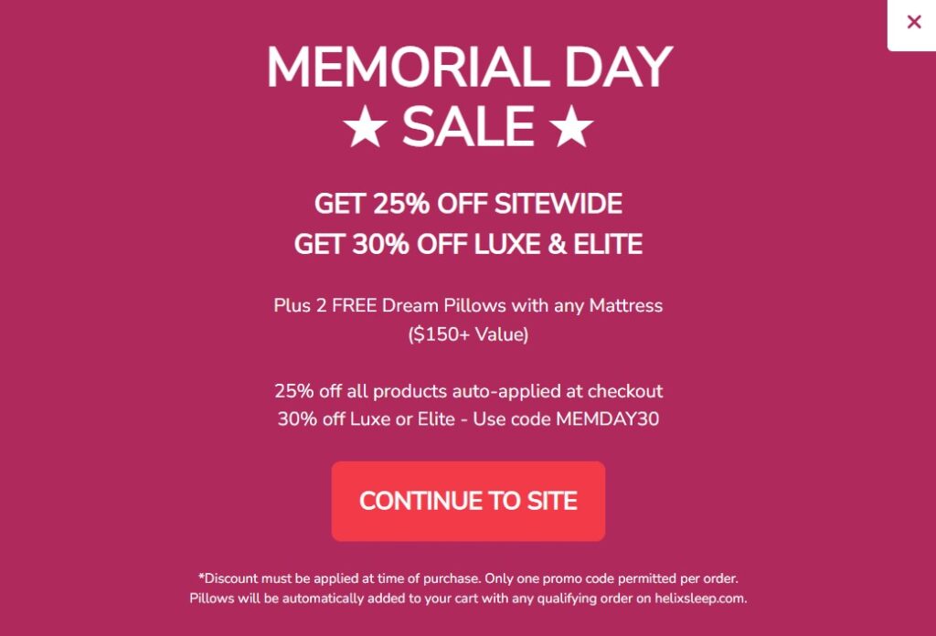 Helix Sleep popup offer example