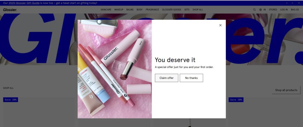 Website Popups examples - Glossier