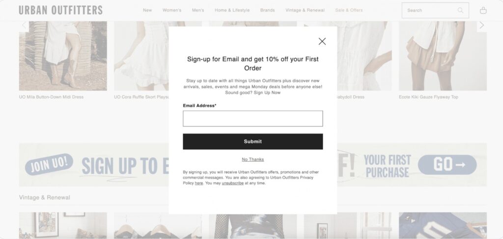 Website Popups examples - Urban Outfitters
