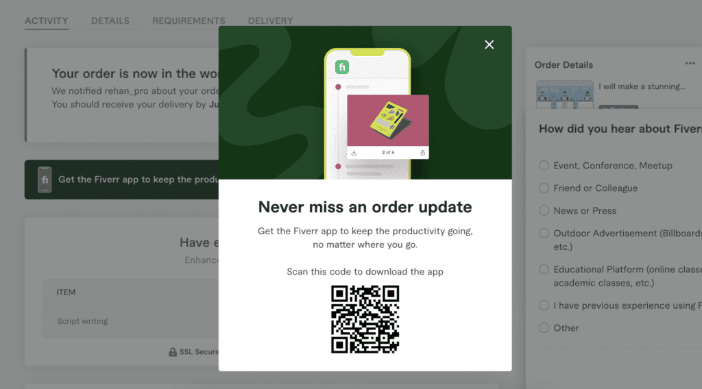 Website Popups examples - Fiverr