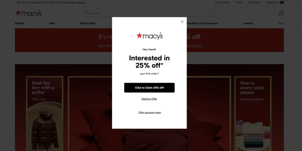 Exit intent popup examples - Macy's