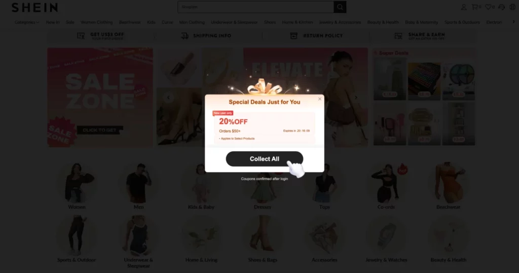 Exit intent popup examples - Shein