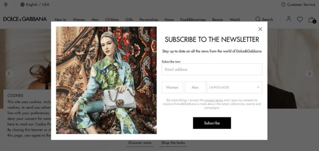 5 Best Overlay Popup Examples to Boost Conversion (With Real Brand Inspiration) 3 Overlay Popup Examples - Dolce & Gabbana